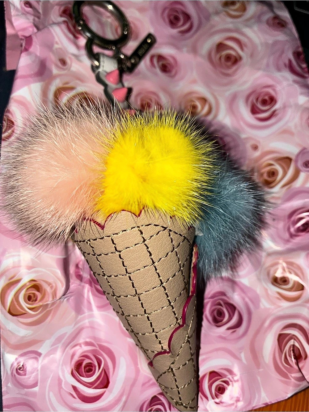 EUC RARE Fendi Ice Cream Cone Bag Charm Keychain in Pink & Yellow